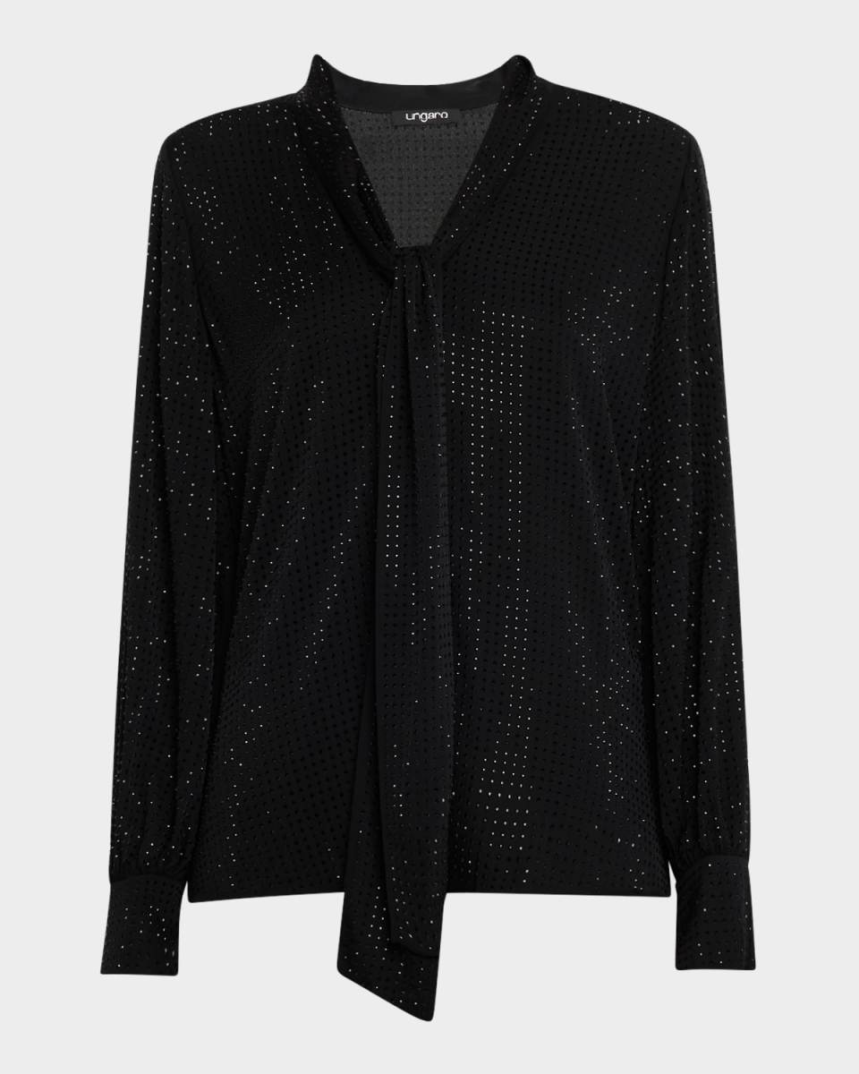 Tie-Neck Rhinestone Blouse
